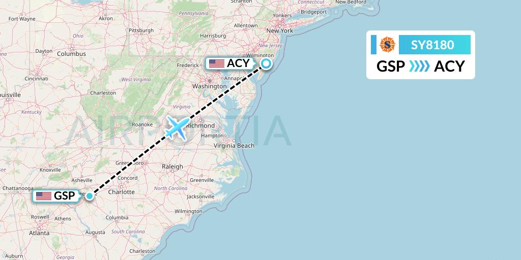 SY8180 Sun Country Airlines Flight Map: Greenville-Spartanburg to Atlantic City