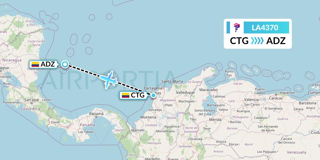 LA4370 LAN Airlines Flight Map: Cartagena to San Andres Island