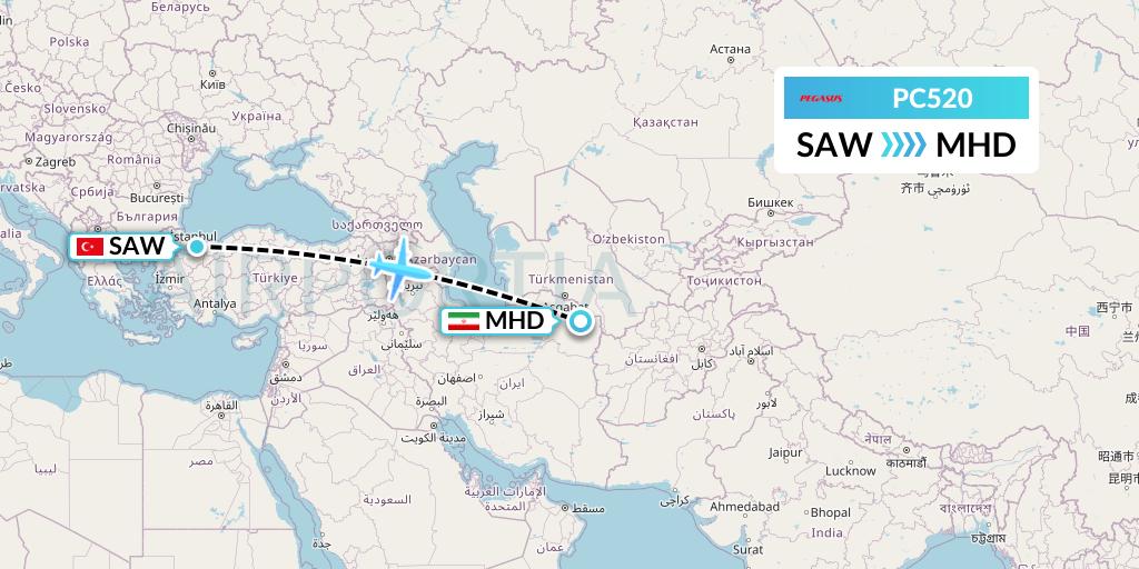 PC520 Pegasus Airlines Flight Map: Istanbul to Mashhad