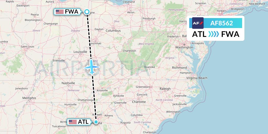 AF8562 Air France Flight Map: Atlanta to Fort Wayne