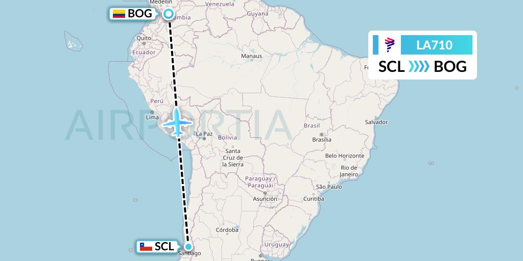 LA710 LAN Airlines Flight Map: Santiago to Bogota