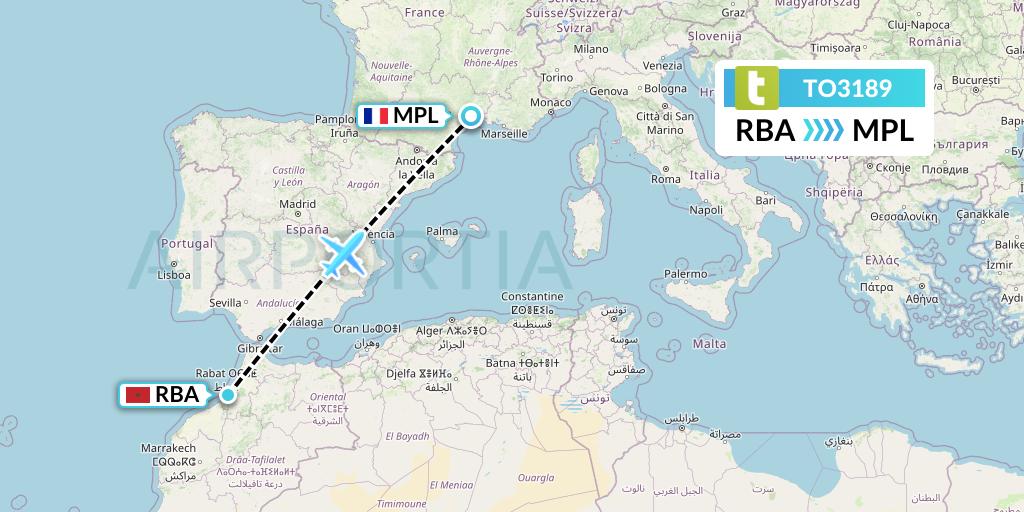 TO3189 Transavia France Flight Map: Rabat to Montpellier