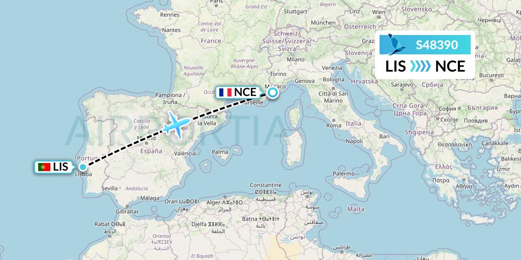 S48390 Azores Airlines Flight Map: Lisbon to Nice
