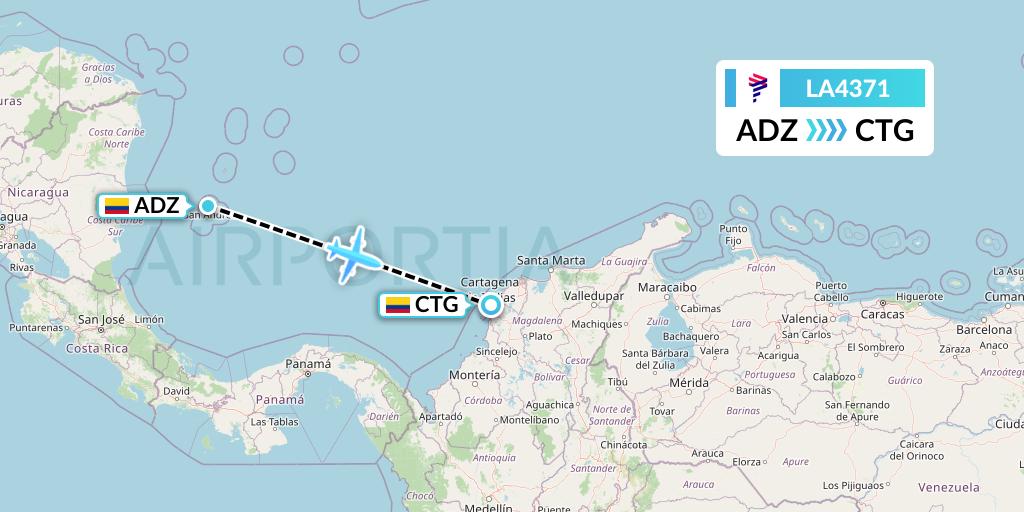 LA4371 LAN Airlines Flight Map: San Andres Island to Cartagena