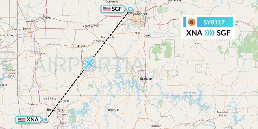 SY8117 Sun Country Airlines Flight Map: Bentonville to Springfield