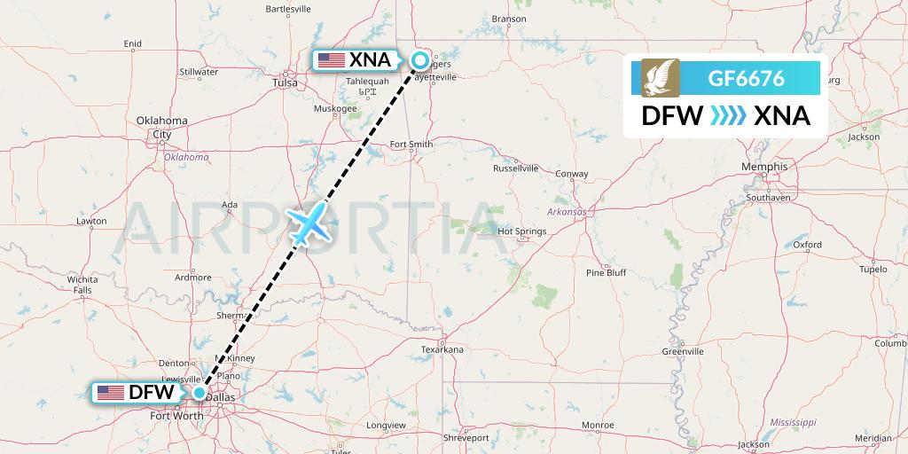 GF6676 Gulf Air Flight Map: Dallas to Bentonville