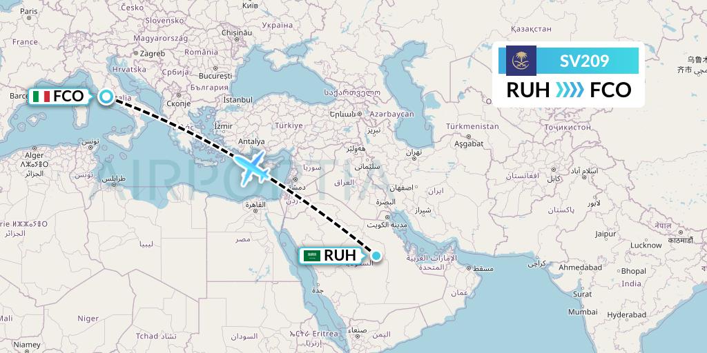 SV209 Saudi Arabian Airlines Flight Map: Riyadh to Rome