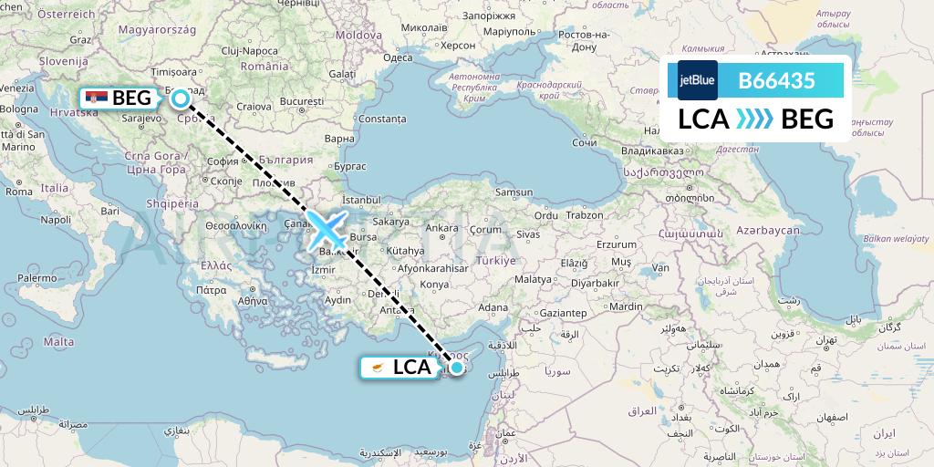 B66435 JetBlue Airways Flight Map: Larnaca to Belgrade