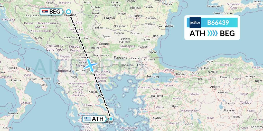 B66439 JetBlue Airways Flight Map: Athens to Belgrade