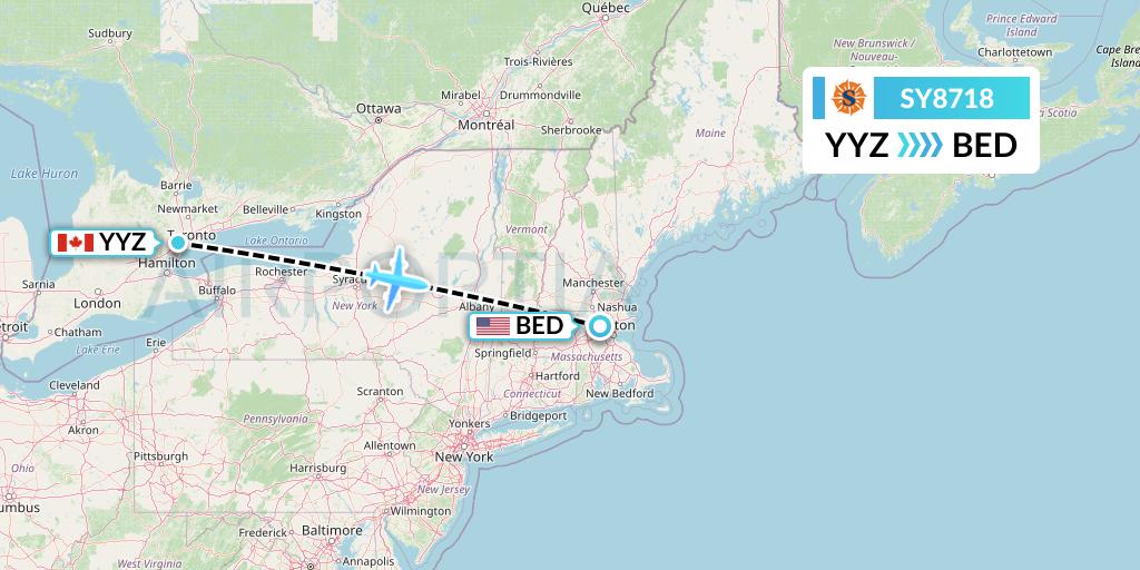 SY8718 Sun Country Airlines Flight Map: Toronto to Bedford