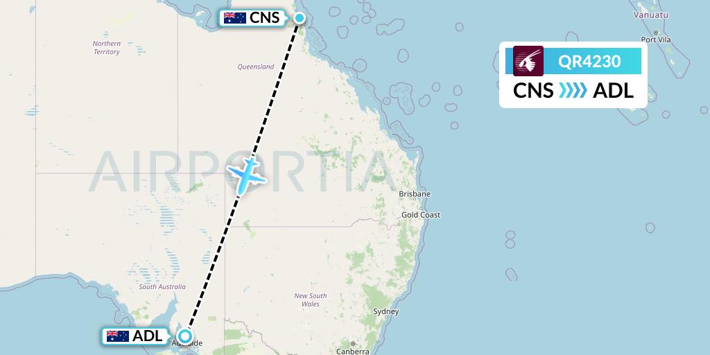 QR4230 Qatar Airways Flight Map: Cairns to Adelaide