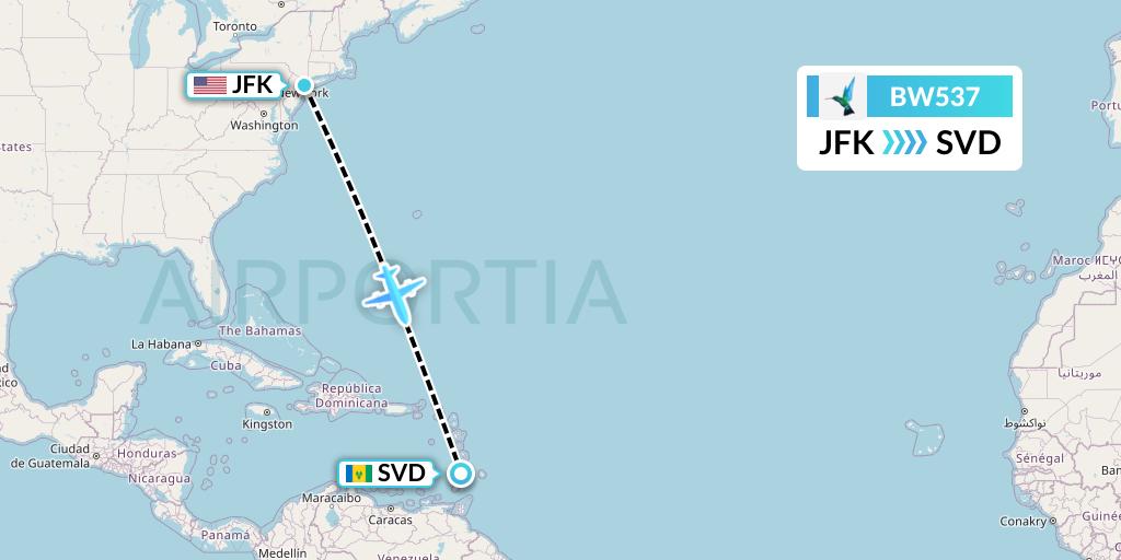 BW537 Caribbean Airlines Flight Map: New York to Kingstown