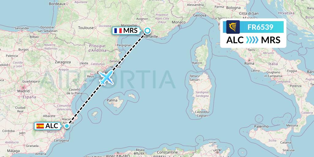 FR6539 Ryanair Flight Map: Alicante to Marseille