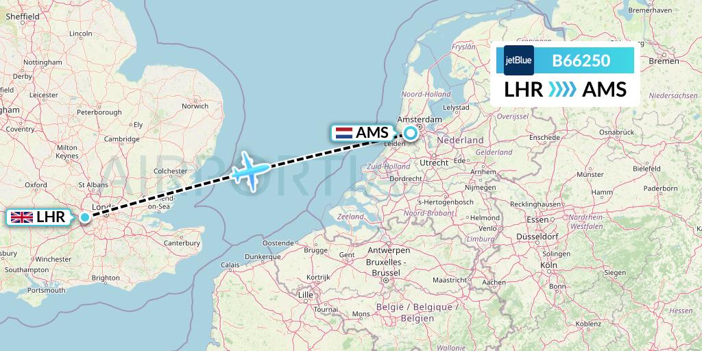 B66250 JetBlue Airways Flight Map: London to Amsterdam