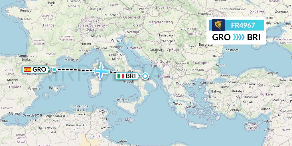 FR4967 Ryanair Flight Map: Girona to Bari