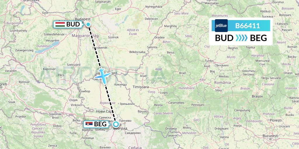 B66411 JetBlue Airways Flight Map: Budapest to Belgrade