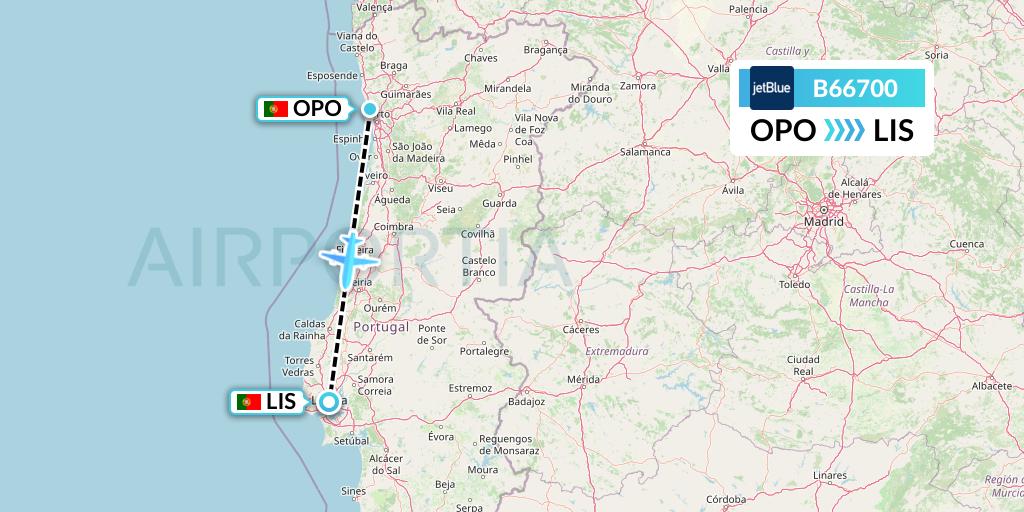 B66700 JetBlue Airways Flight Map: Porto to Lisbon