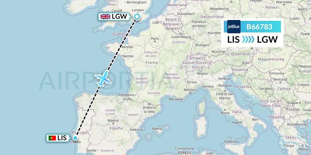 B66783 JetBlue Airways Flight Map: Lisbon to London