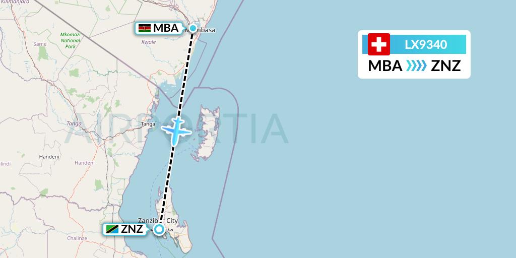 LX9340 Swiss Flight Map: Mombasa to Zanzibar
