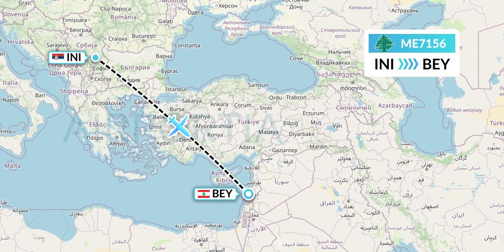 ME7156 MEA Flight Map: Nis to Beirut