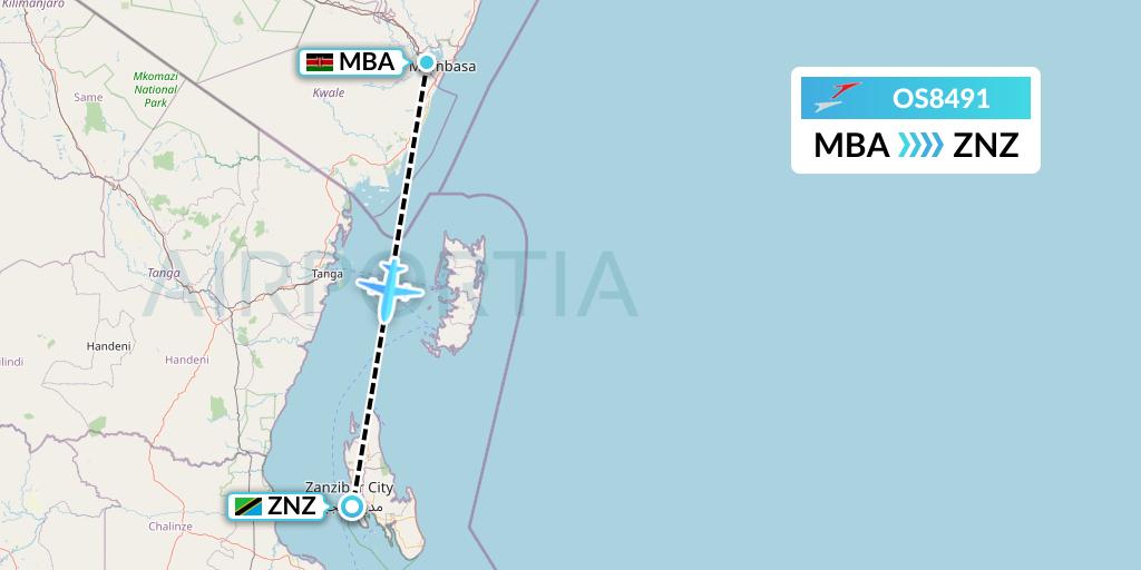OS8491 Austrian Airlines Flight Map: Mombasa to Zanzibar