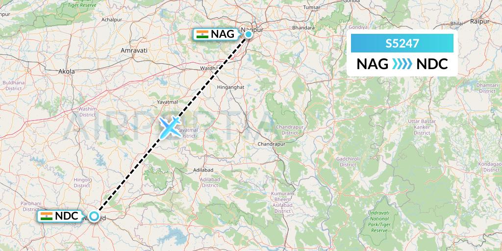 S5247 Star Air Flight Map: Nagpur to Nanded