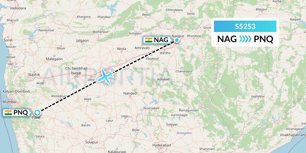 S5253 Star Air Flight Map: Nagpur to Pune