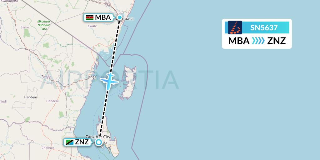 SN5637 Brussels Airlines Flight Map: Mombasa to Zanzibar