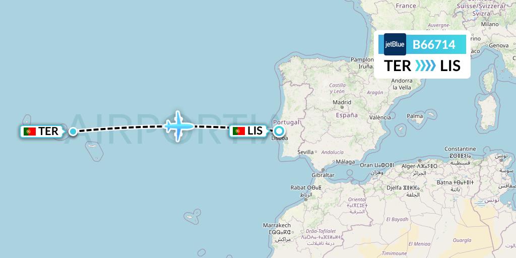 B66714 JetBlue Airways Flight Map: Lajes to Lisbon