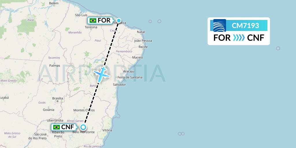 CM7193 Copa Airlines Flight Map: Fortaleza to Belo Horizonte