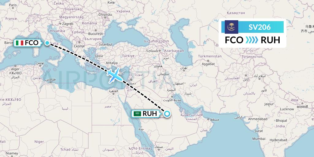 SV206 Saudi Arabian Airlines Flight Map: Rome to Riyadh