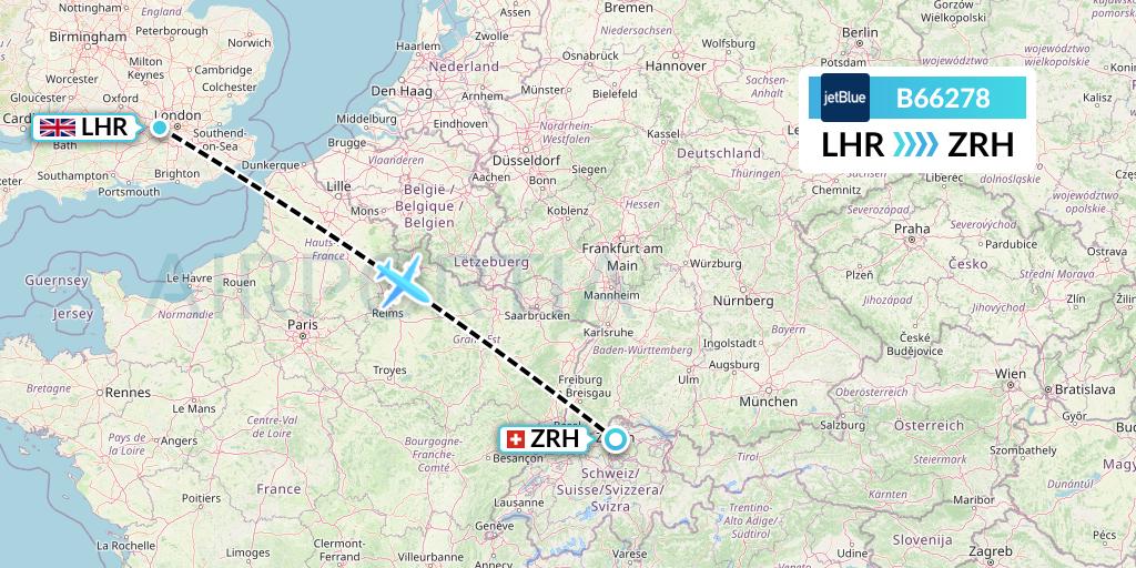 B66278 JetBlue Airways Flight Map: London to Zurich