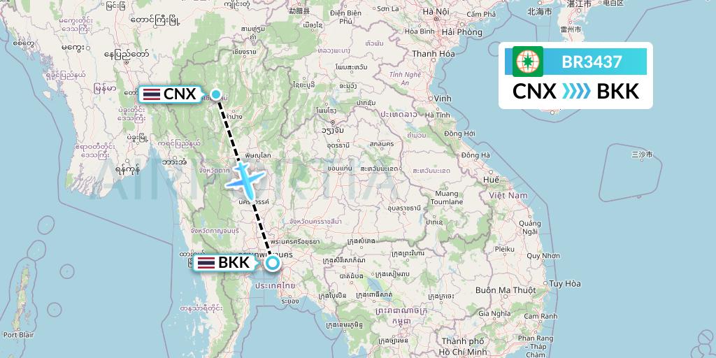 BR3437 EVA Air Flight Map: Chiang Mai to Bangkok