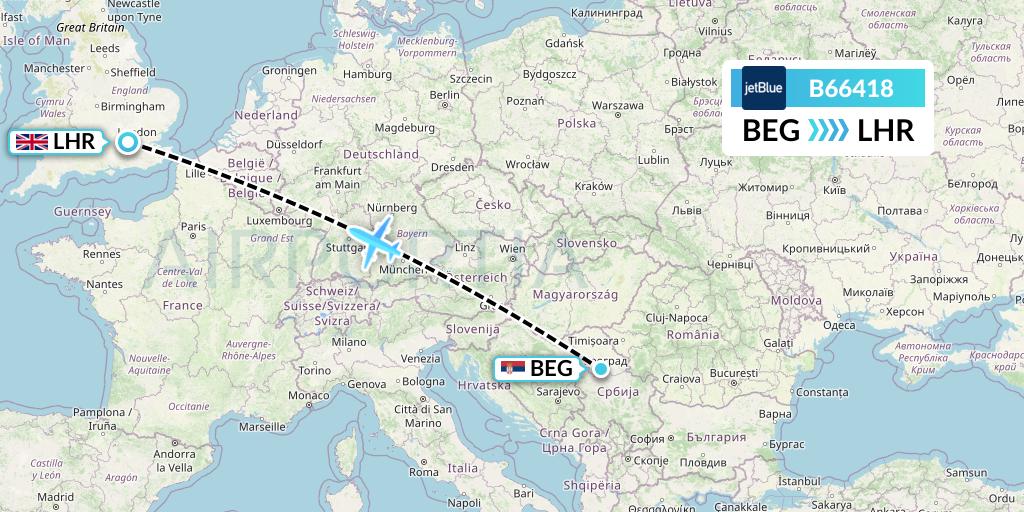 B66418 JetBlue Airways Flight Map: Belgrade to London