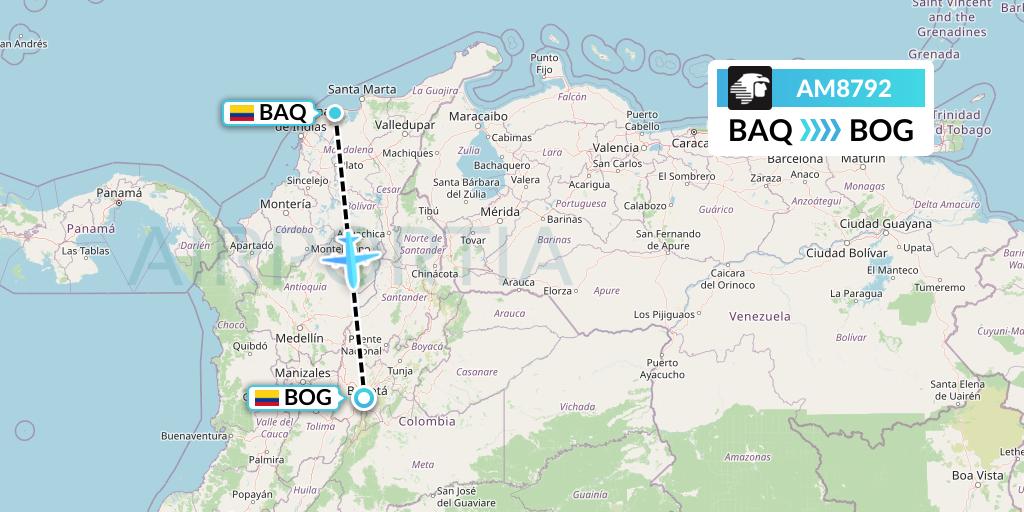 AM8792 Aeromexico Flight Map: Barranquilla to Bogota