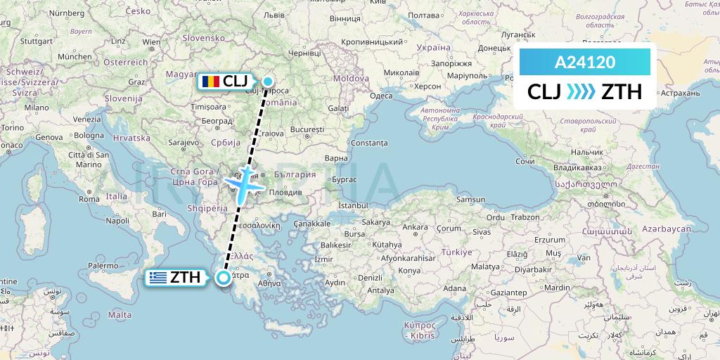 A24120 Anima Wings Aviation Flight Map: Cluj-Napoca to Zakynthos