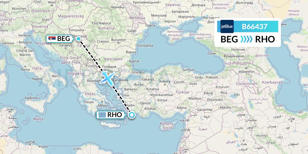 B66437 JetBlue Airways Flight Map: Belgrade to Rhodes