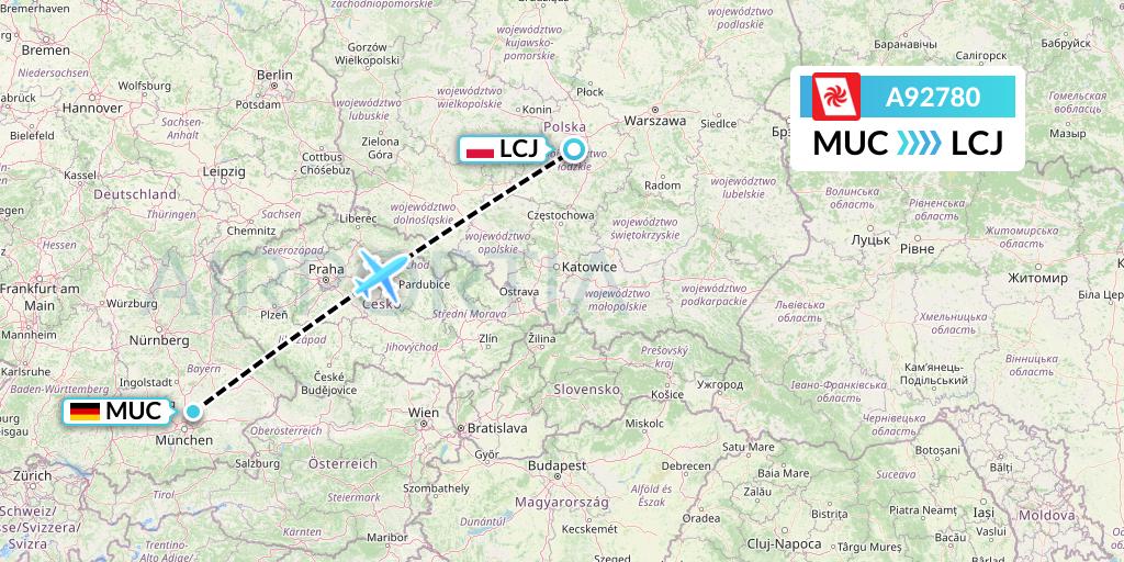 A92780 Georgian Airways Flight Map: Munich to Lodz