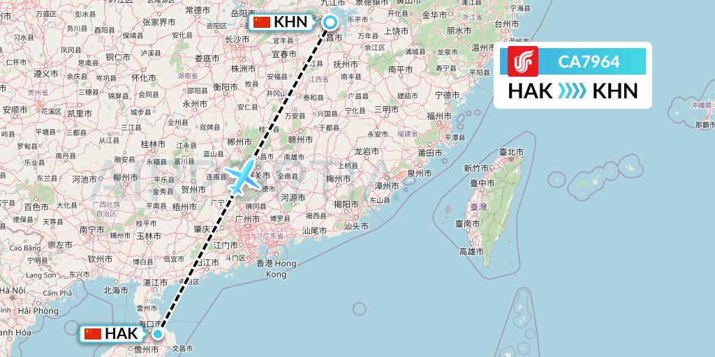 CA7964 Air China Flight Map: Haikou to Nanchang