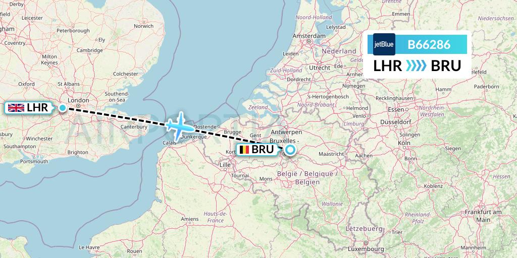 B66286 JetBlue Airways Flight Map: London to Brussels