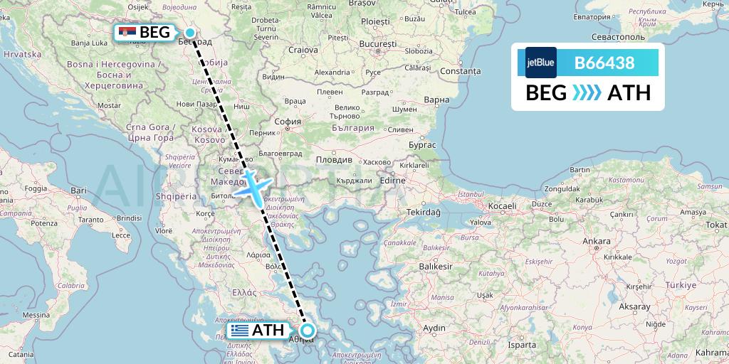 B66438 JetBlue Airways Flight Map: Belgrade to Athens