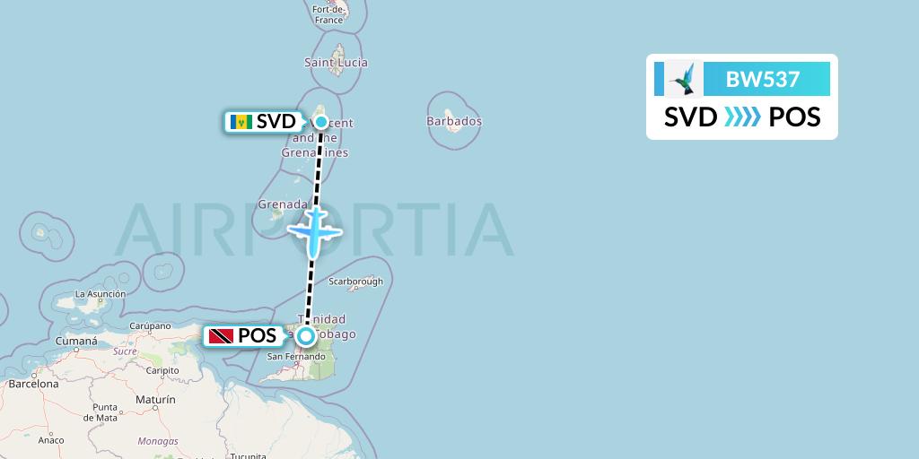 BW537 Caribbean Airlines Flight Map: Kingstown to Port of Spain