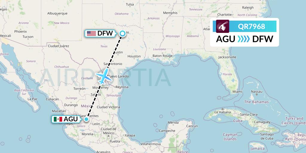 QR7968 Qatar Airways Flight Map: Aguascalientes to Dallas
