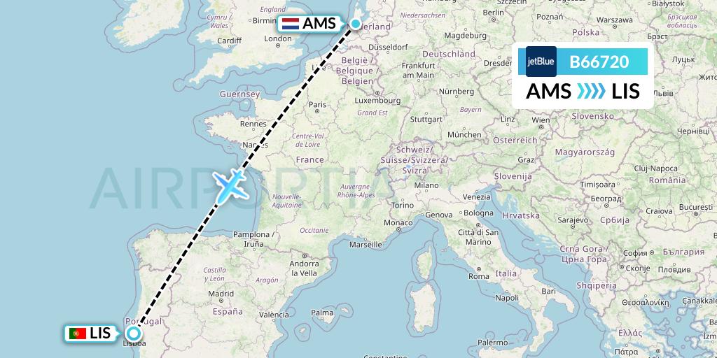 B66720 JetBlue Airways Flight Map: Amsterdam to Lisbon
