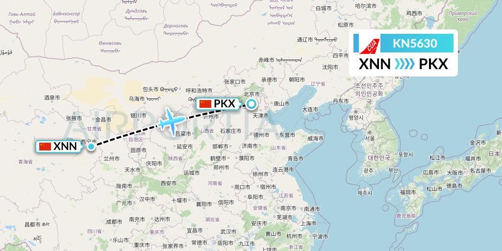KN5630 China United Airlines Flight Map: Xining to Beijing