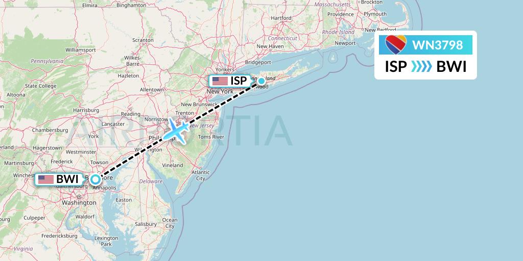 WN3798 Southwest Airlines Flight Map: Islip to Baltimore
