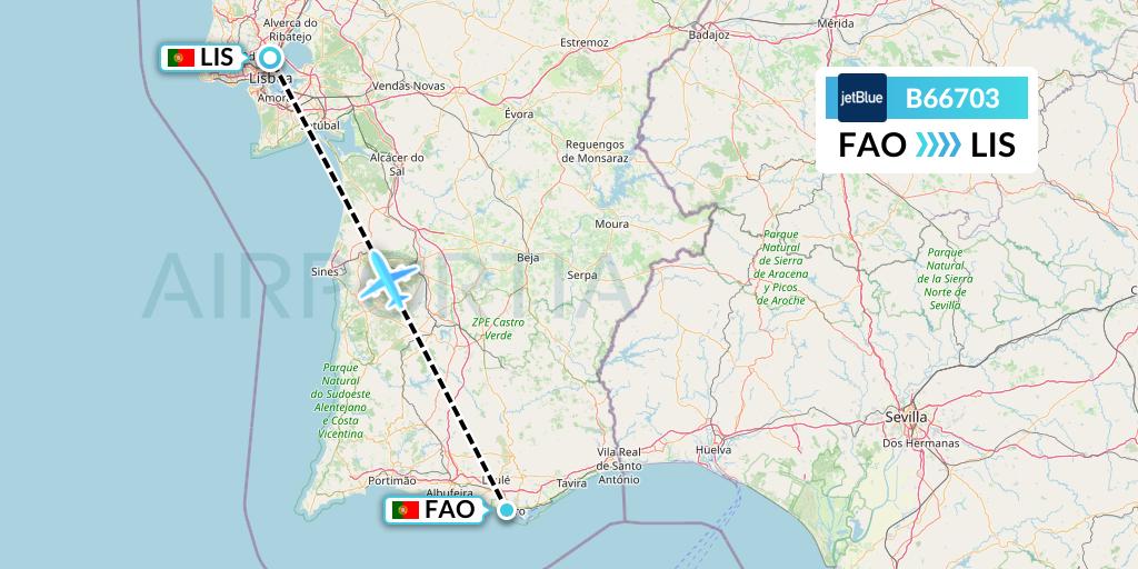 B66703 JetBlue Airways Flight Map: Faro to Lisbon