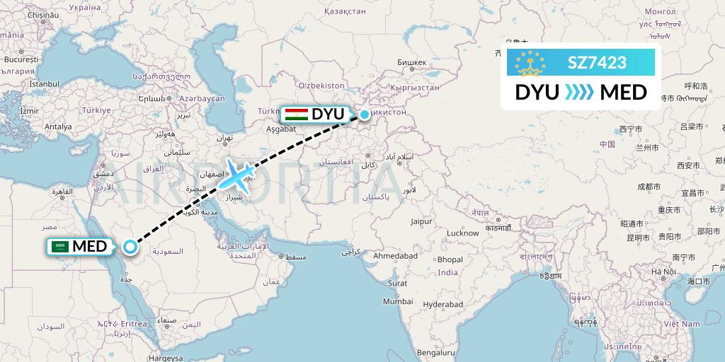 SZ7423 Somon Air Flight Map: Dushanbe to Medina