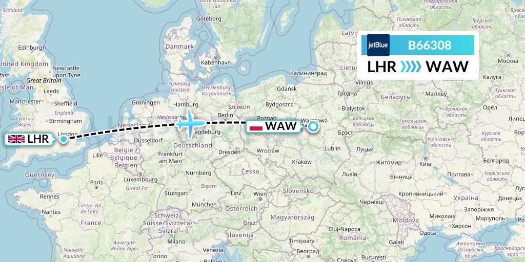 B66308 JetBlue Airways Flight Map: London to Warsaw