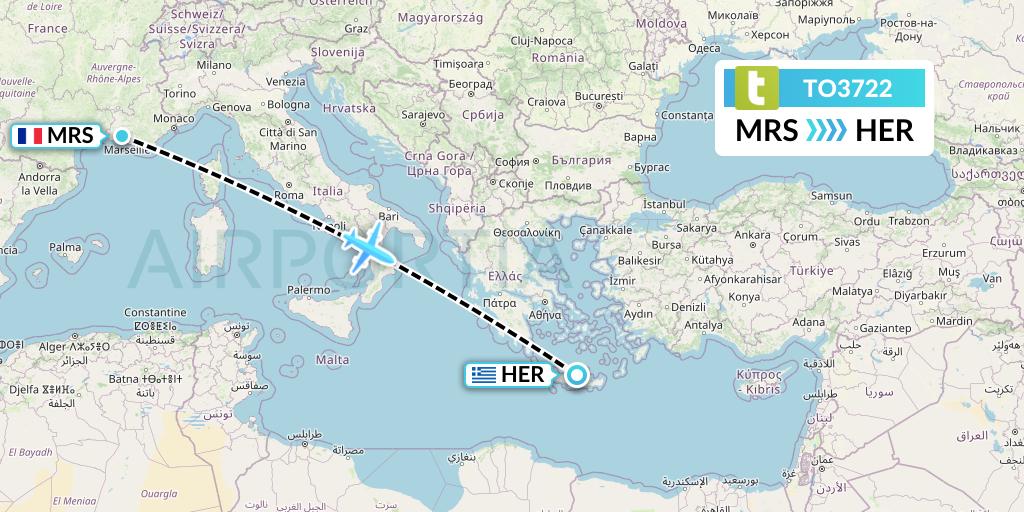TO3722 Transavia France Flight Map: Marseille to Heraklion